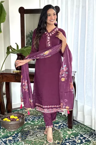 Burgundy chanderi embroidery work with printed festive wear salwar suit