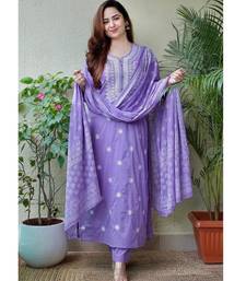 Lavender cotton designer embroidery work with printed traditional wear readymade salwar kameez for trendy looks