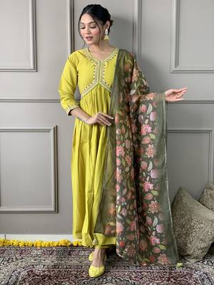 Lamon viscosee chanderi embroidery work with printed traditional wear readymade salwar kameez for trendy looks 1
