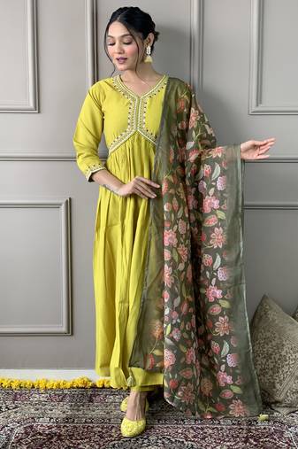 Lamon viscose chanderi designer embroidery work with printed traditional wear readymade salwar kameez for trendy looks