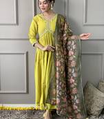 Lamon viscosee chanderi embroidery work with printed traditional wear readymade salwar kameez for trendy looks