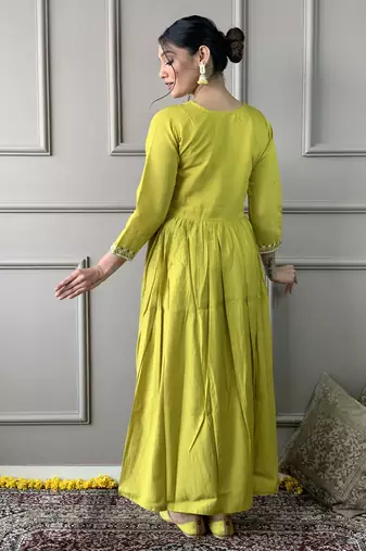 Lamon viscosee chanderi embroidery work with printed traditional wear readymade salwar kameez for trendy looks
