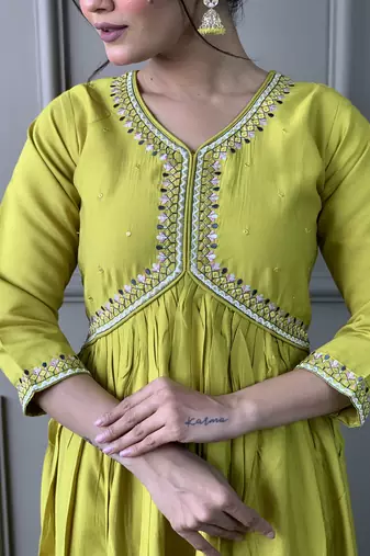 Lamon viscosee chanderi embroidery work with printed traditional wear readymade salwar kameez for trendy looks