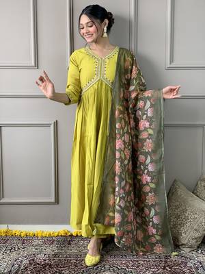 Lamon viscosee chanderi embroidery work with printed traditional wear readymade salwar kameez for trendy looks 4