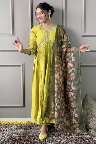 Lamon viscosee chanderi embroidery work with printed traditional wear readymade salwar kameez for trendy looks