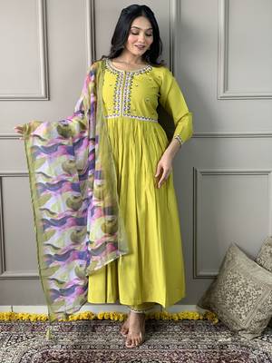 Lemon viscosee chanderi embroidery work with printed traditional wear readymade salwar kameez for trendy looks 1