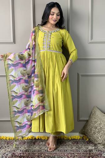 Lemon viscose chanderi designer embroidery work with printed traditional wear readymade salwar kameez for trendy looks