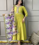 Lemon viscosee chanderi embroidery work with printed traditional wear readymade salwar kameez for trendy looks