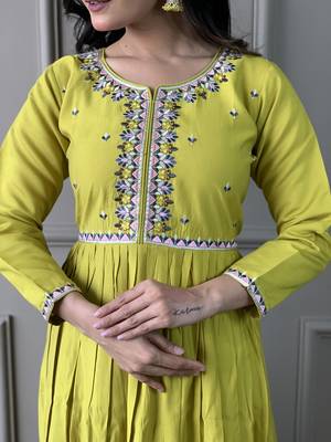 Lemon viscosee chanderi embroidery work with printed traditional wear readymade salwar kameez for trendy looks 3