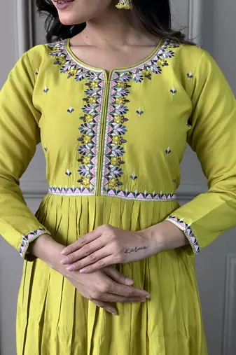 Lemon viscosee chanderi embroidery work with printed traditional wear readymade salwar kameez for trendy looks