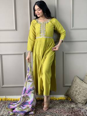 Lemon viscosee chanderi embroidery work with printed traditional wear readymade salwar kameez for trendy looks 4