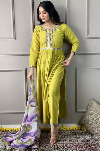 Lemon viscosee chanderi embroidery work with printed traditional wear readymade salwar kameez for trendy looks