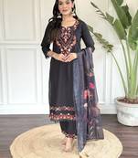 Black chanderi designer embroidery work with printed traditional wear readymade salwar kameez for trendy looks