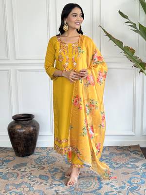 Mustard chanderi embroidery work with printed traditional wear readymade salwar kameez for trendy looks 1