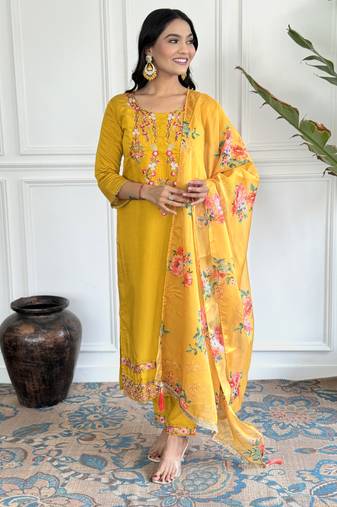 Mustard chanderi designer embroidery work with printed traditional wear readymade salwar kameez for trendy looks
