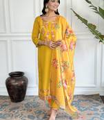 Mustard chanderi embroidery work with printed traditional wear readymade salwar kameez for trendy looks