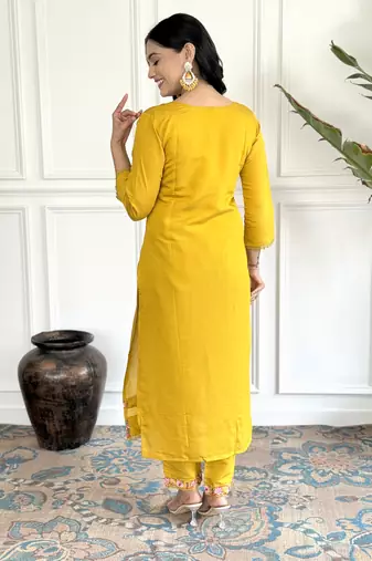 Mustard chanderi embroidery work with printed traditional wear readymade salwar kameez for trendy looks