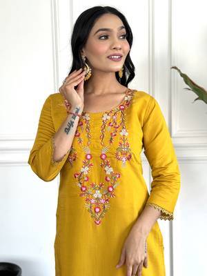 Mustard chanderi embroidery work with printed traditional wear readymade salwar kameez for trendy looks 3