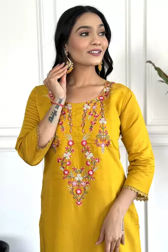 Mustard chanderi embroidery work with printed traditional wear readymade salwar kameez for trendy looks