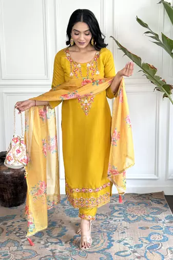 Mustard chanderi embroidery work with printed traditional wear readymade salwar kameez for trendy looks