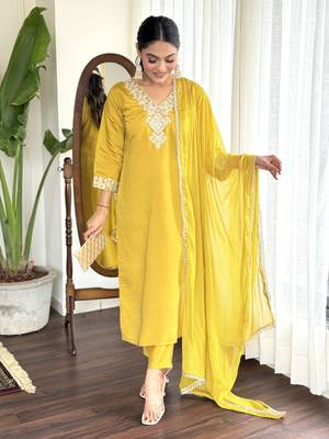 Mustard chanderi embroidery work traditional wear readymade salwar kameez for trendy looks 1