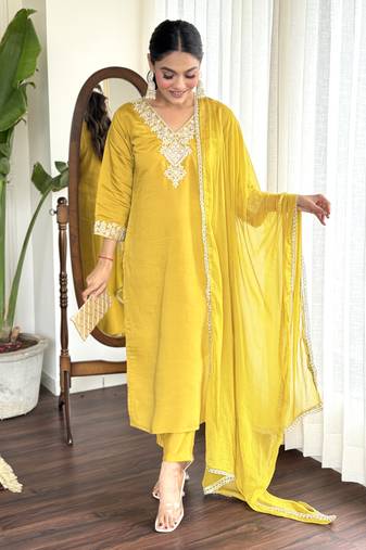 Mustard chanderi designer embroidery work traditional wear readymade salwar kameez for trendy looks
