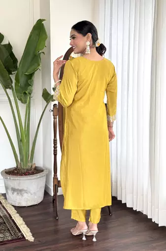 Mustard chanderi embroidery work traditional wear readymade salwar kameez for trendy looks