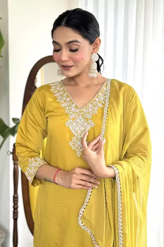 Mustard chanderi embroidery work traditional wear readymade salwar kameez for trendy looks