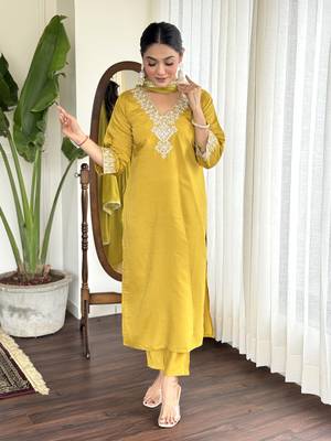 Mustard chanderi embroidery work traditional wear readymade salwar kameez for trendy looks 4