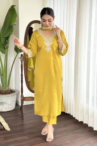 Mustard chanderi embroidery work traditional wear readymade salwar kameez for trendy looks