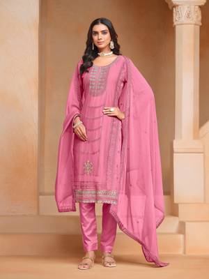 Pink organza chiffon designer embroidery work heavy looks ceremonial salwar kameez 1