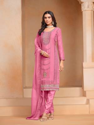 Pink organza chiffon designer embroidery work heavy looks ceremonial salwar kameez 3