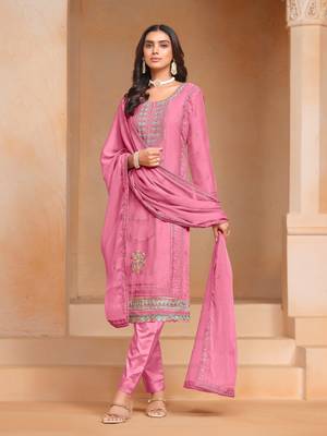 Pink organza chiffon designer embroidery work heavy looks ceremonial salwar kameez 4
