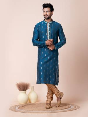 Blue jacquard silk men's kurta pajama set 1