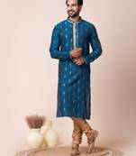 Blue jacquard silk men's kurta pajama set