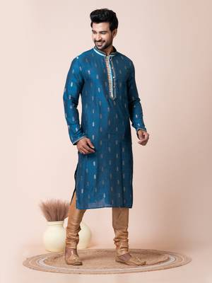 Blue jacquard silk men's kurta pajama set 2