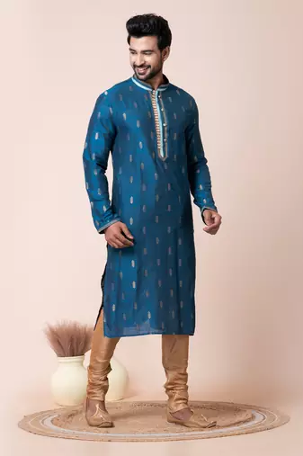 Blue jacquard silk men's kurta pajama set