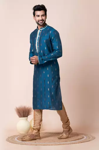 Blue jacquard silk men's kurta pajama set