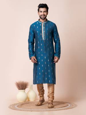 Blue jacquard silk men's kurta pajama set 4