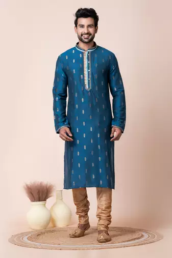 Blue jacquard silk men's kurta pajama set