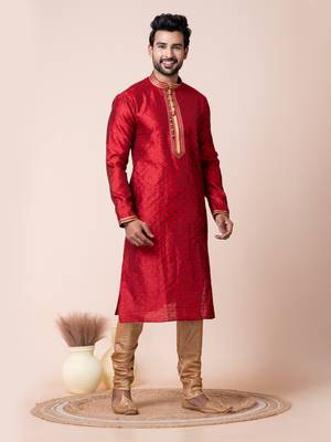 Red silk men's kurta pajama set 1