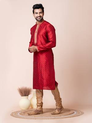 Red silk men's kurta pajama set 2
