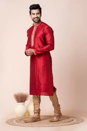 Red silk men's kurta pajama set