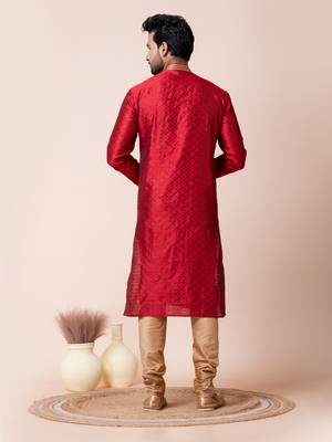 Red silk men's kurta pajama set 3