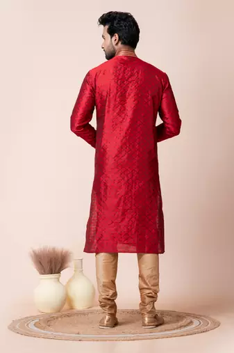 Red silk men's kurta pajama set