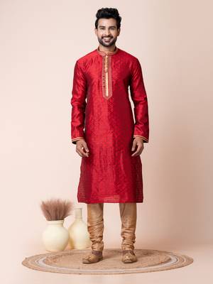 Red silk men's kurta pajama set 4