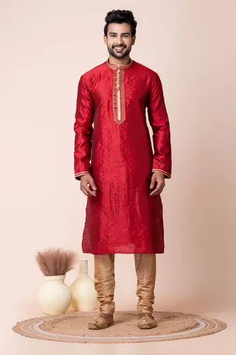 Red silk men's kurta pajama set