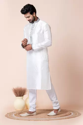 White silk men's kurta pajama set
