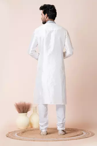 White silk men's kurta pajama set