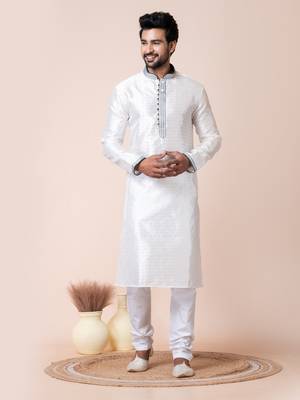 White silk men's kurta pajama set 4